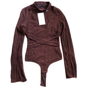 Nasty Gal x Lavish Alice Burgundy Ribbed Plunge Choker Bodysuit NWOT